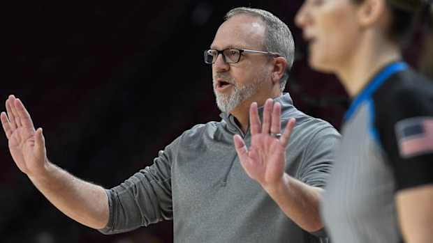 Arkansas Razorbacks coach Mike Neighbors against Louisiana Tech in WNIT on Thursday night.